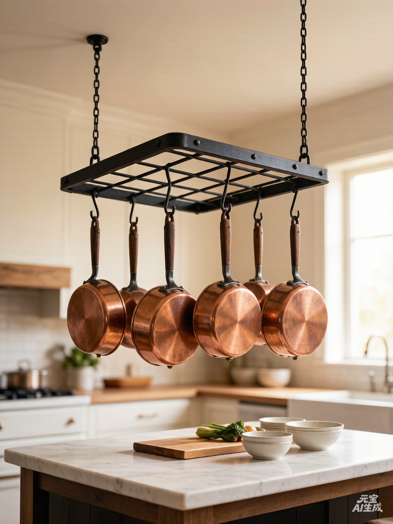 Hanging pot rack with copper pots